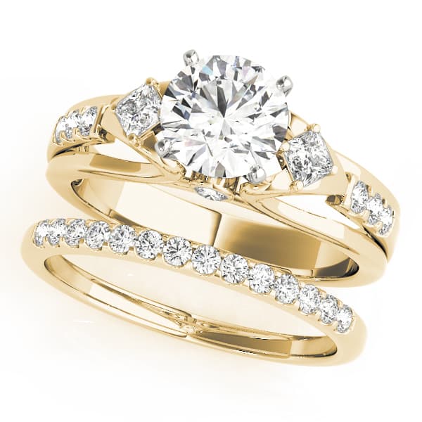 3 Stone Round Engagement Ring, style 50528, On hand view in yellow gold