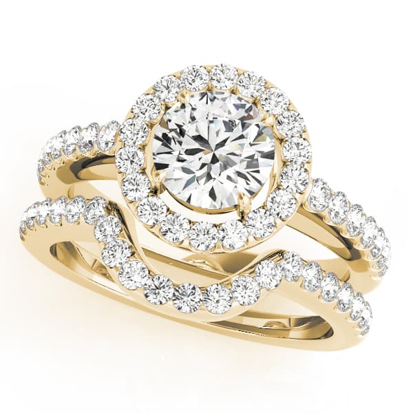 Single Row Halo Round Engagement Ring, style 50530, On hand view in yellow gold