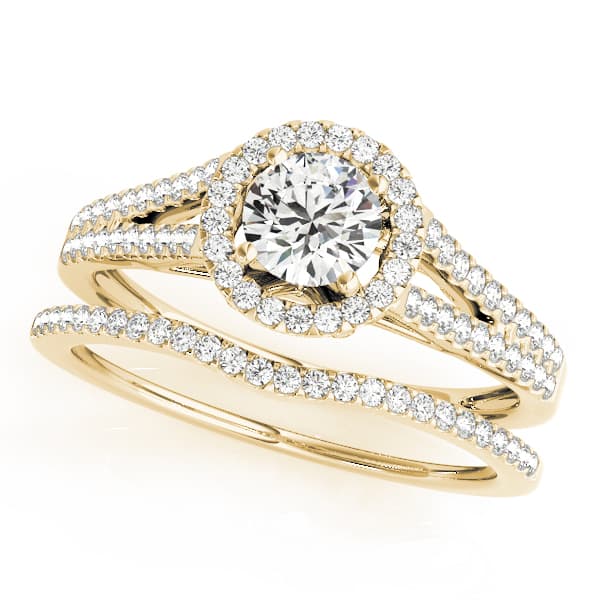 Split Shank Round Halo Engagement Ring, style 50545, On hand view in yellow gold