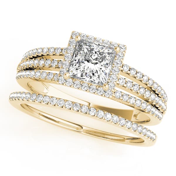 Vintage Multi-Row Halo Engagement Ring, style 50548, On hand view in yellow gold