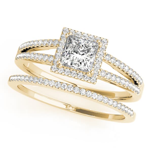 Double Row Split Shank Halo Engagement Ring, style 50549, On hand view in yellow gold