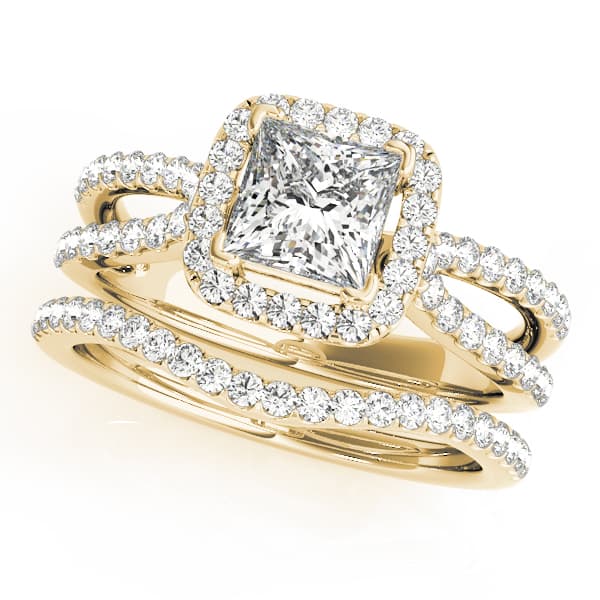 Split Shank Princess Cut Halo Engagement Ring, style 50552, On hand view in yellow gold