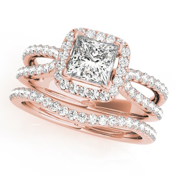 Split Shank Princess Cut Halo Engagement Ring, style 50552, On hand view in rose gold