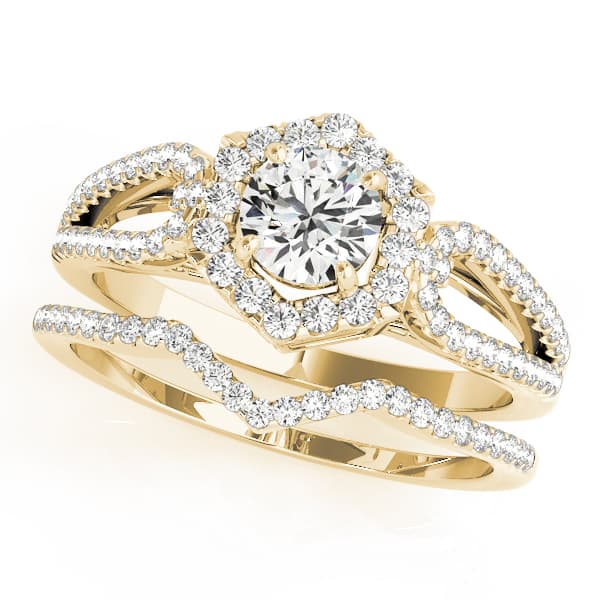 Split Shank Halo Engagement Ring, style 50558, On hand view in yellow gold