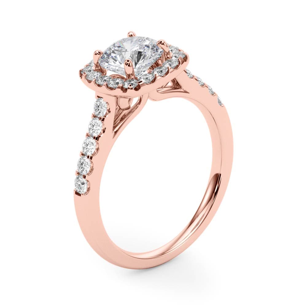 Round Diamond Engagement Ring, Cushion Halo, style 50576, Angle view in rose gold