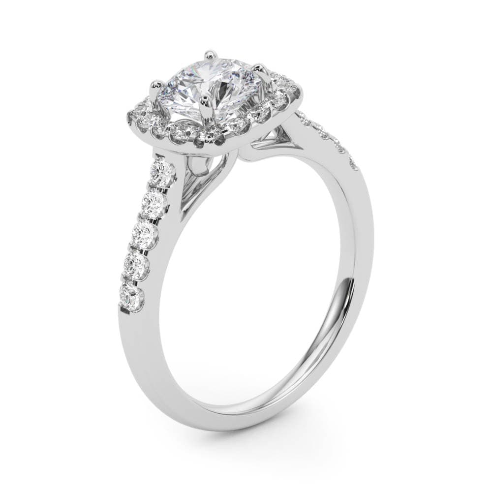 Round Diamond Engagement Ring, Cushion Halo, style 50576, Angle view in white gold or platinum