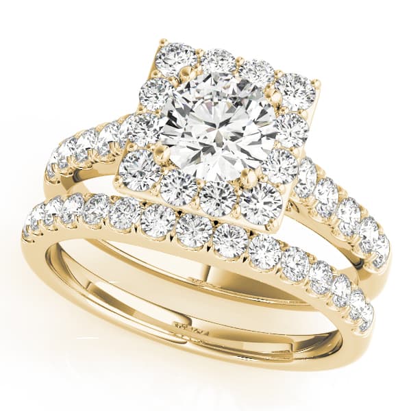 Halo Round Engagement Ring, style 50579, On hand view in yellow gold