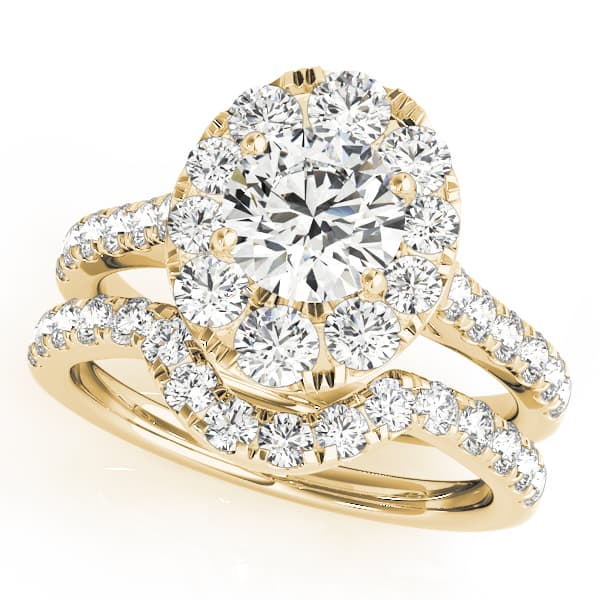 Single Row Halo Engagement Ring, style 50582, On hand view in yellow gold