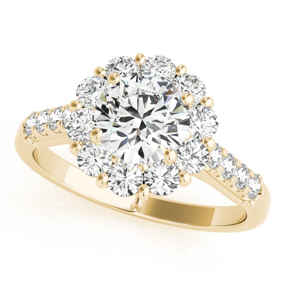 Single Row Prong Halo Engagement Ring, style 50584, Front view in yellow gold