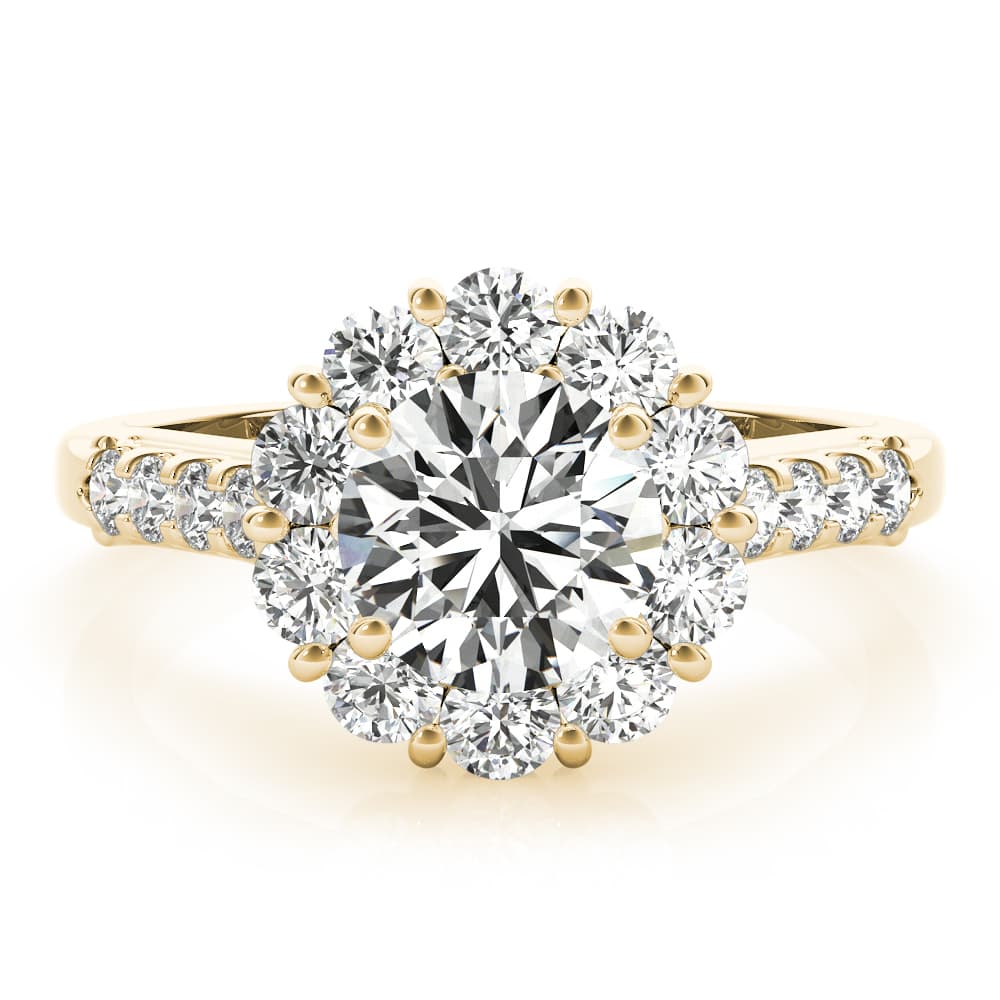 Single Row Prong Halo Engagement Ring, style 50584, Angle view in yellow gold
