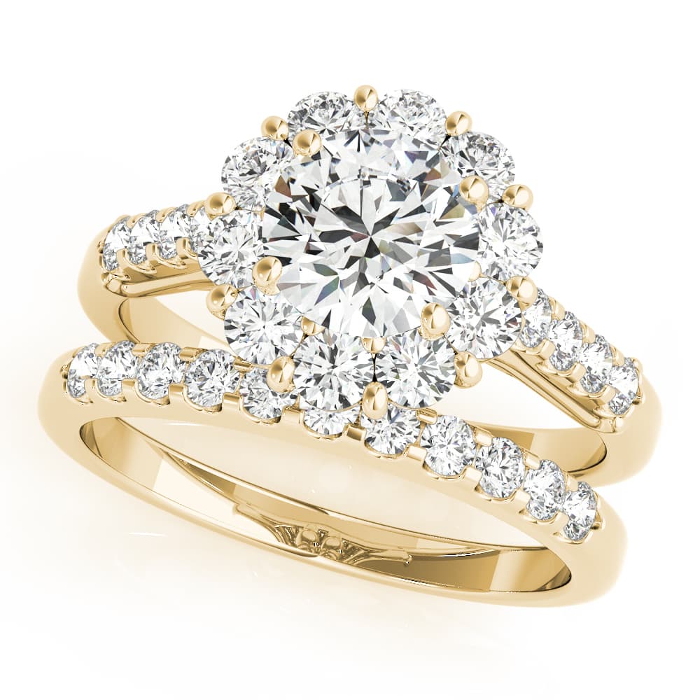 Single Row Prong Halo Engagement Ring, style 50584, On hand view in yellow gold
