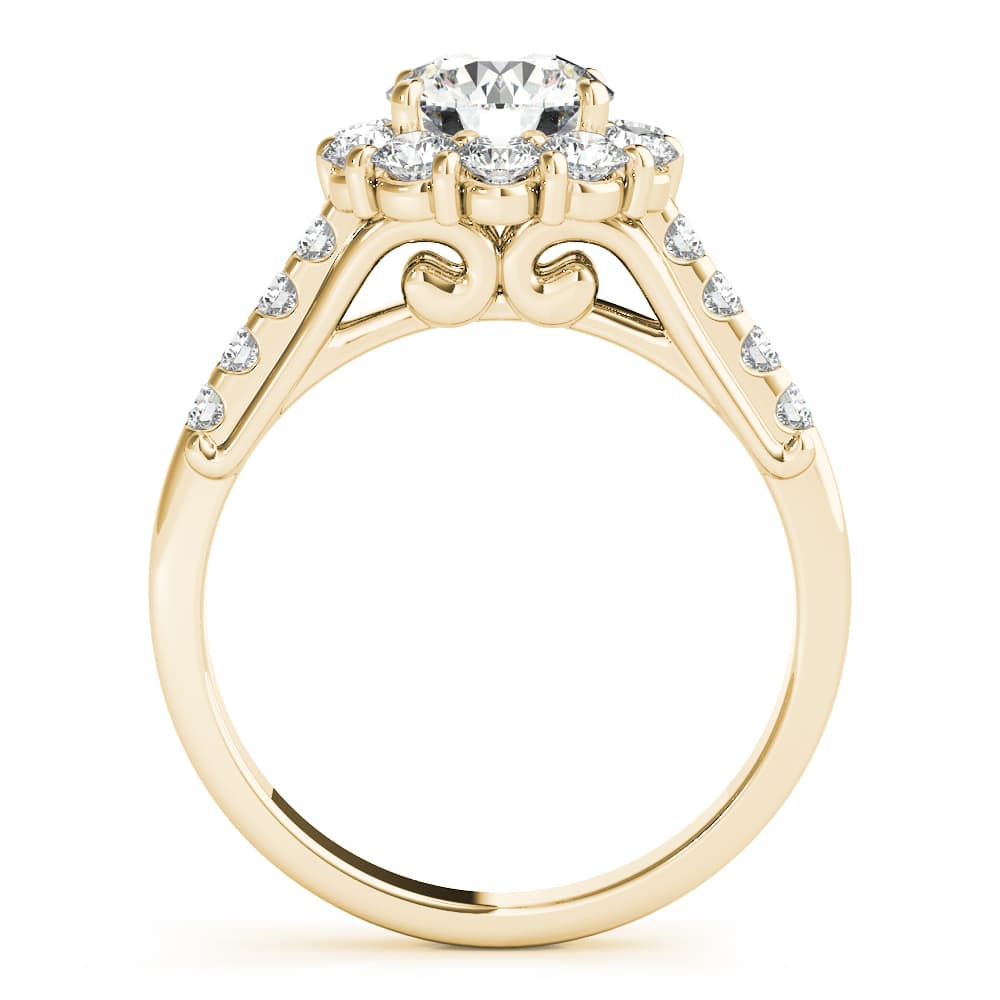Single Row Prong Halo Engagement Ring, style 50584, Side view in yellow gold