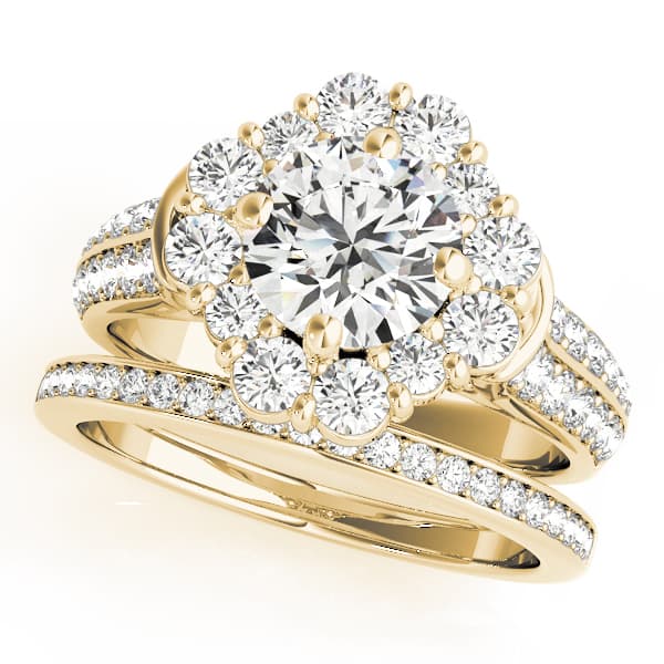 Halo Round Engagement Ring, style 50592, On hand view in yellow gold