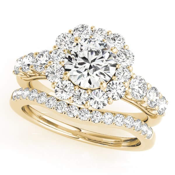 Single Row U-Prong Halo Engagement Ring, style 50593, On hand view in yellow gold