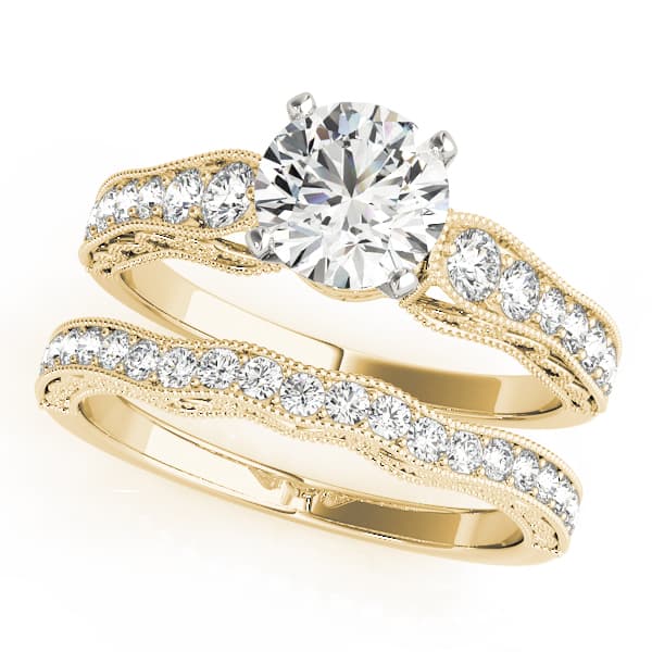 Antique Single Row Milgrain Engagement Ring, style 50608, On hand view in yellow gold