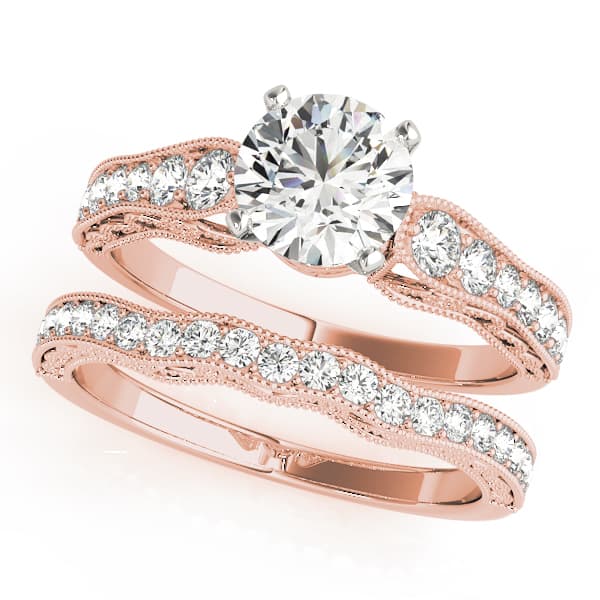 Antique Single Row Milgrain Engagement Ring, style 50608, On hand view in rose gold
