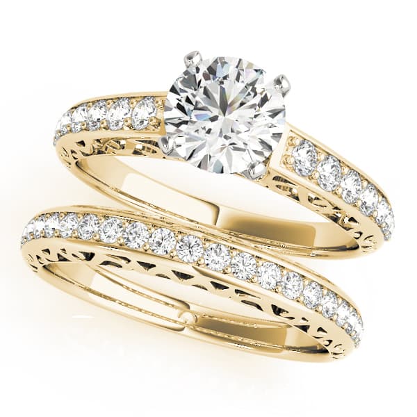 Antique Single Row Prong Filigree Engagement Ring, style 50609, On hand view in yellow gold
