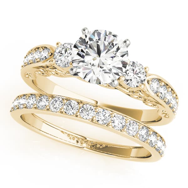 3 Stone Round Engagement Ring, style 50620, On hand view in yellow gold