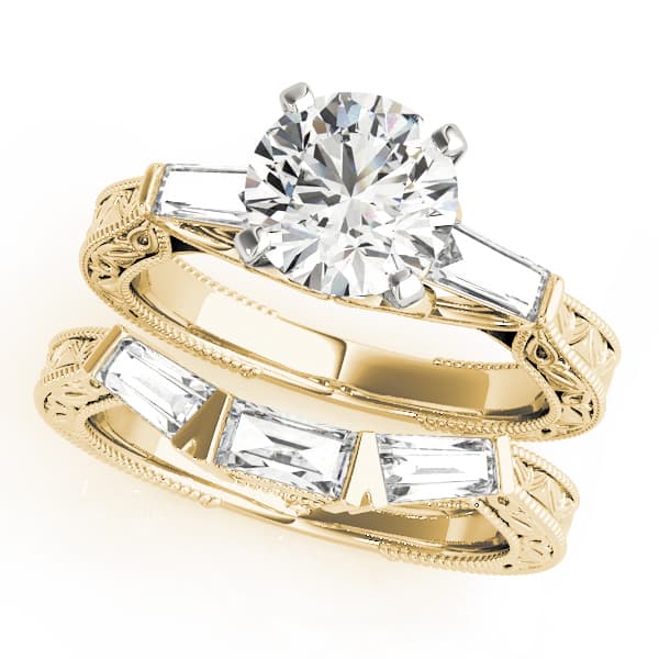 Vintage-Inspired 3-Stone Milgrained Engagement Ring, style 50642, On hand view in yellow gold