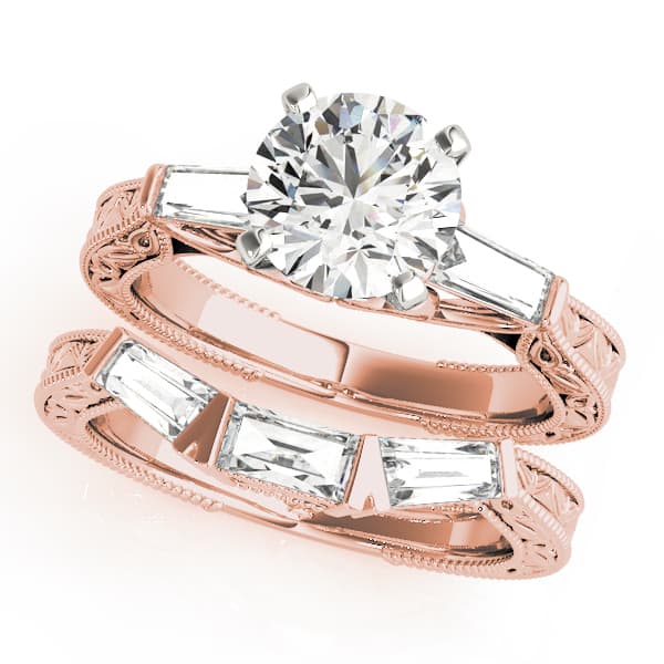 Vintage-Inspired 3-Stone Milgrained Engagement Ring, style 50642, On hand view in rose gold