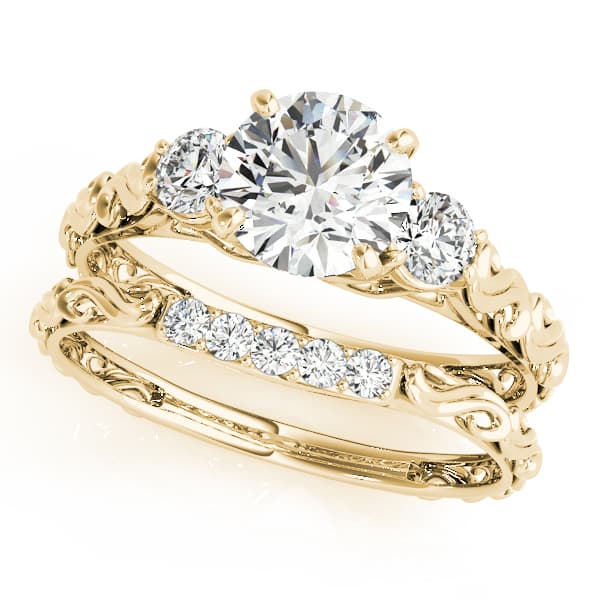 Vintage-Inspired 3-Stone Engagement Ring, style 50647, On hand view in yellow gold