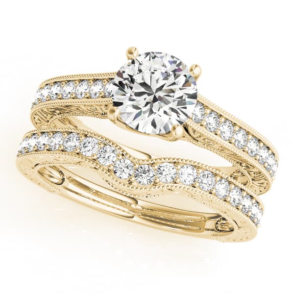 Vintage-Inspired Milgrain Trellis Engagement Ring, style 50648, On hand view in yellow gold