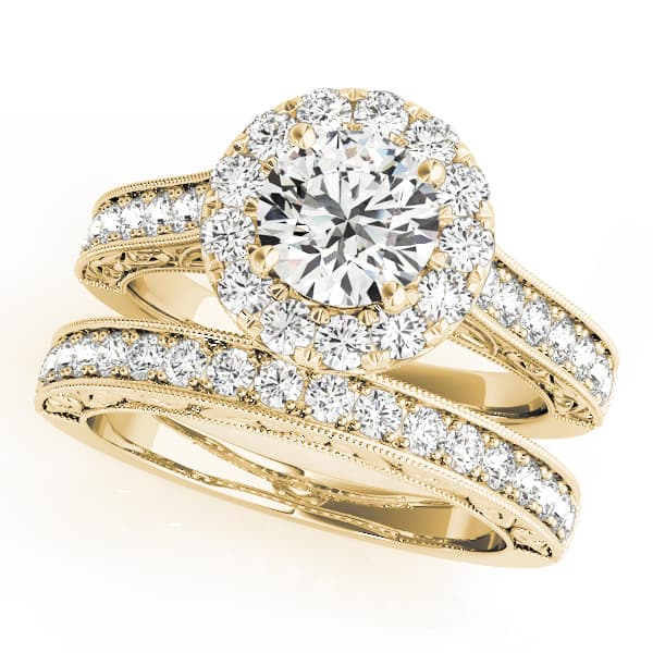 Vintage Halo Engraved Filigree Milgrain Engagement Ring, style 50656, On hand view in yellow gold