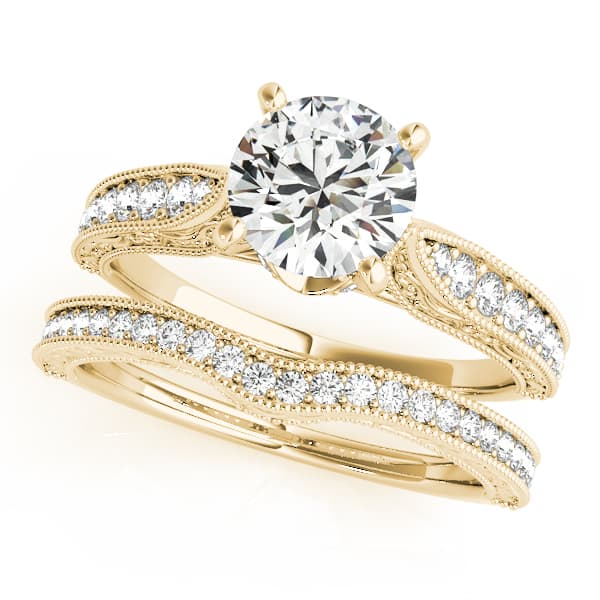 Antique Engraved Filigree Milgrain Engagement Ring, style 50659, On hand view in yellow gold