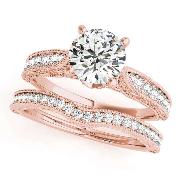Antique Engraved Filigree Milgrain Engagement Ring, style 50659, On hand view in rose gold