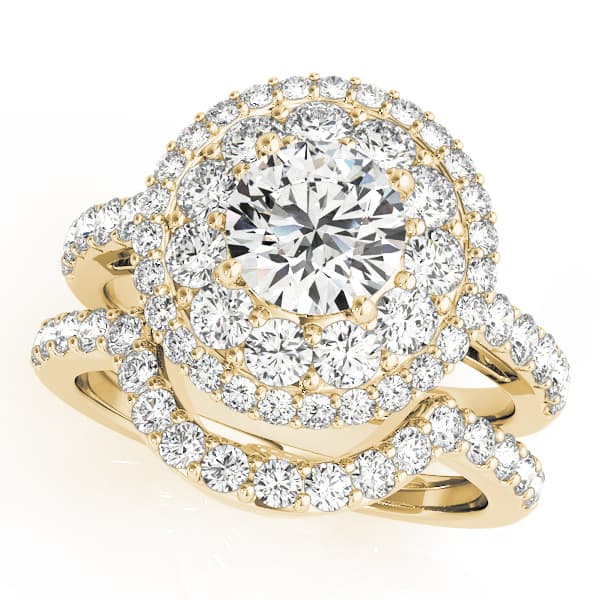 Single Row Double Halo Engagement Ring, style 50661, On hand view in yellow gold