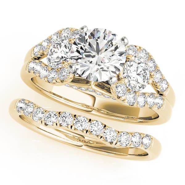 3-Stone Split Shank Hidden Halo Engagement Ring, style 50775, On hand view in yellow gold