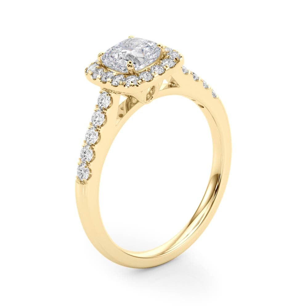 Single Row Halo Engagement Ring, style 50778, Angle view in yellow gold