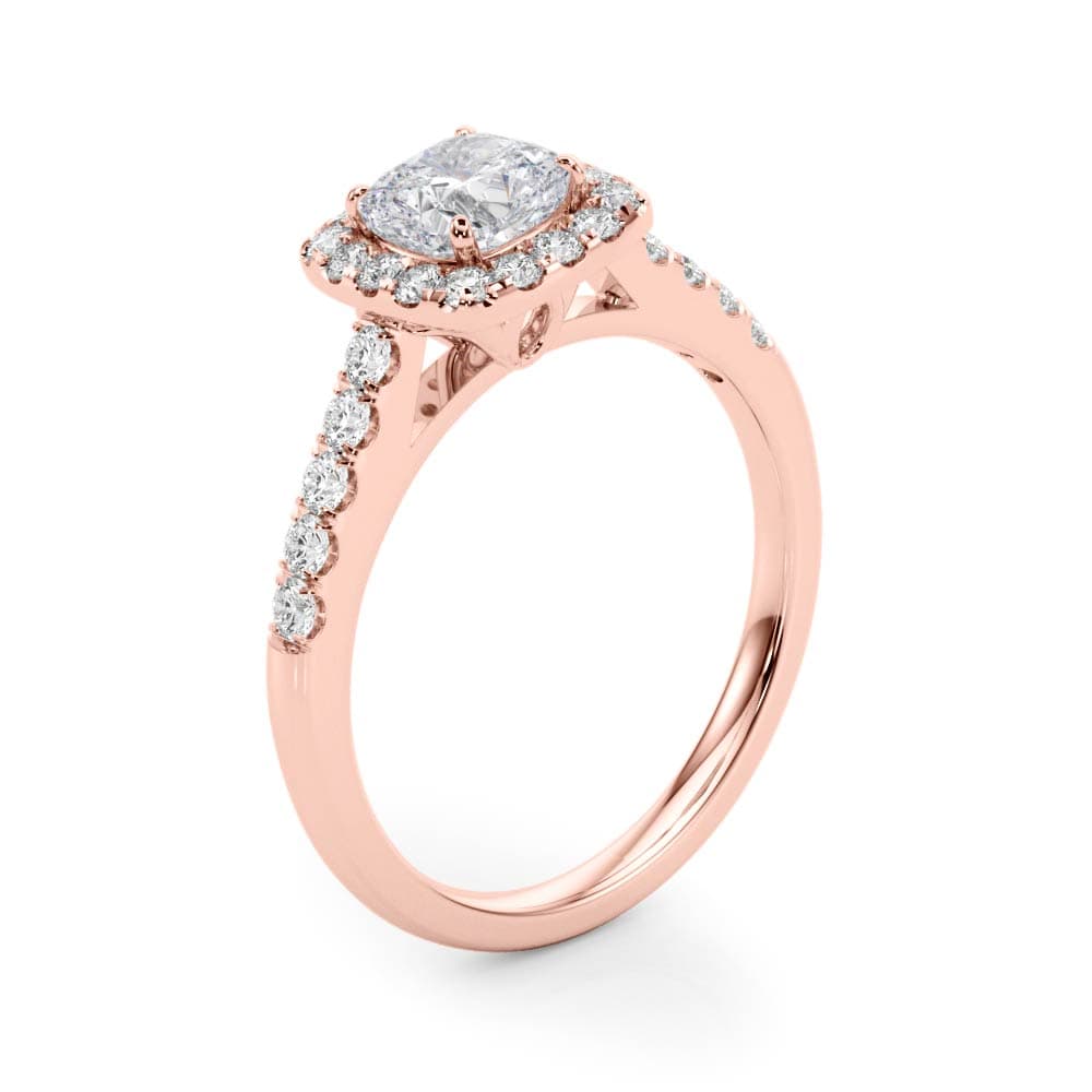 Single Row Halo Engagement Ring, style 50778, Angle view in rose gold