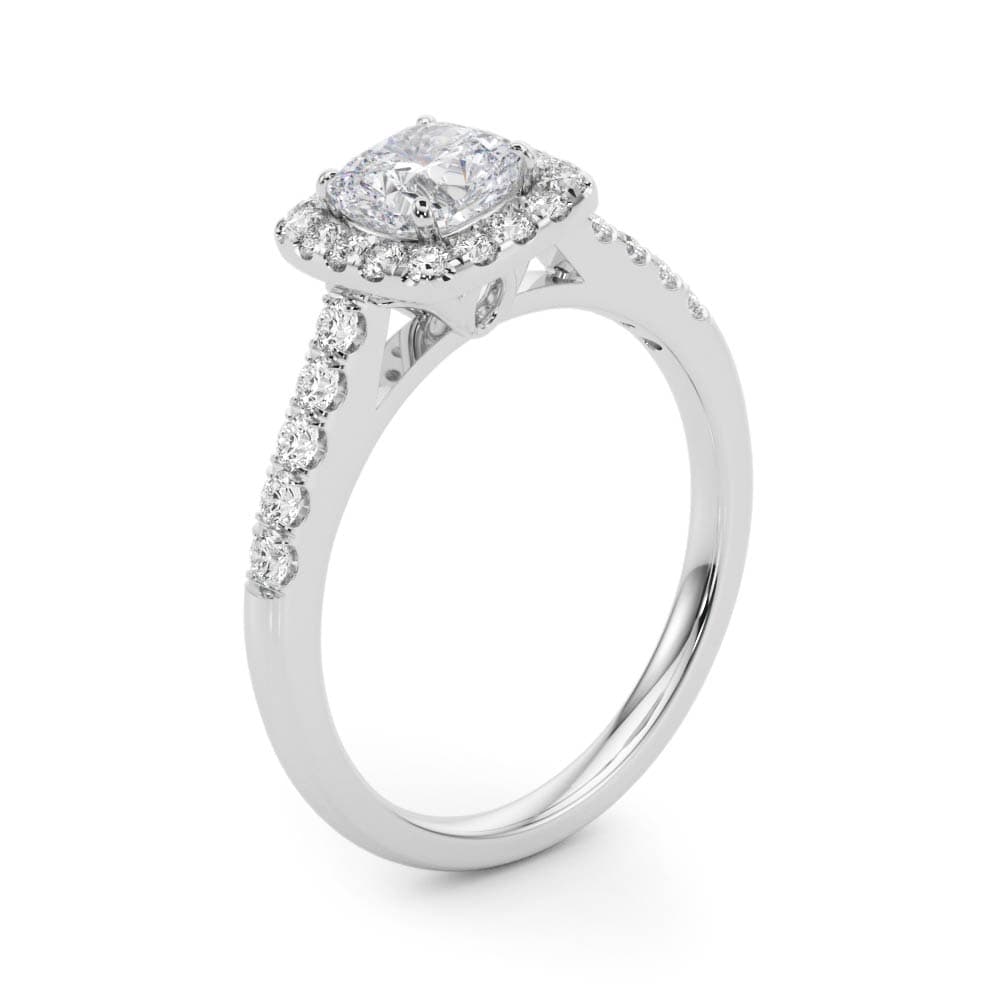 Single Row Halo Engagement Ring, style 50778, Angle view in white gold or platinum