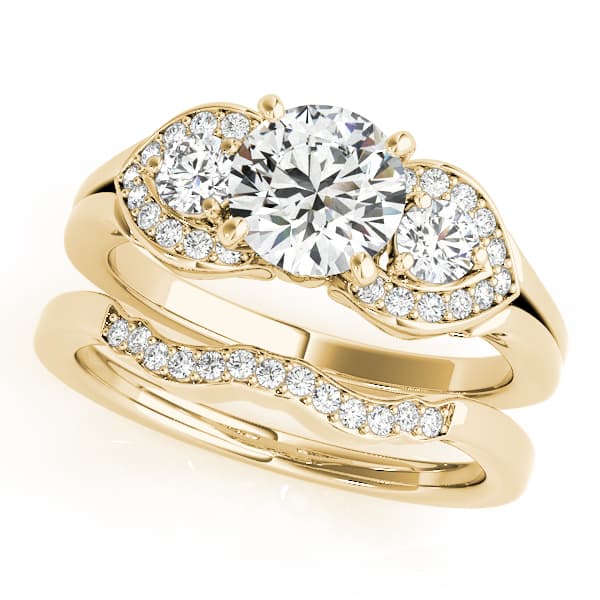 3 Stone Round Engagement Ring, style 50789, On hand view in yellow gold
