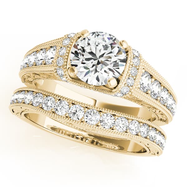 Antique Style Filigree Milgrain Engagement Ring, style 50802, On hand view in yellow gold