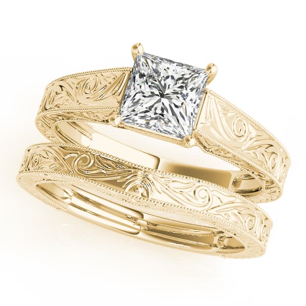 Vintage Inspired Princess Cut Trellis Engagement Ring, style 50806, On hand view in yellow gold