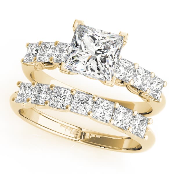 Single Row Princess Cut Trellis Engagement Ring, style 50807, On hand view in yellow gold