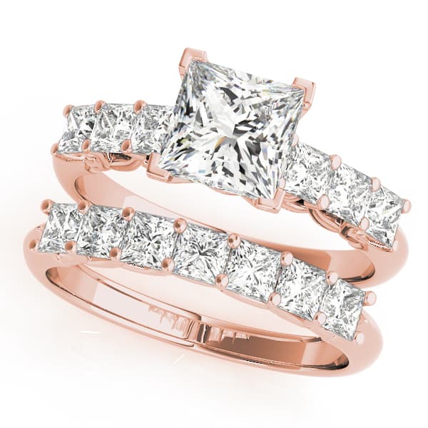 Single Row Princess Cut Trellis Engagement Ring, style 50807, On hand view in rose gold