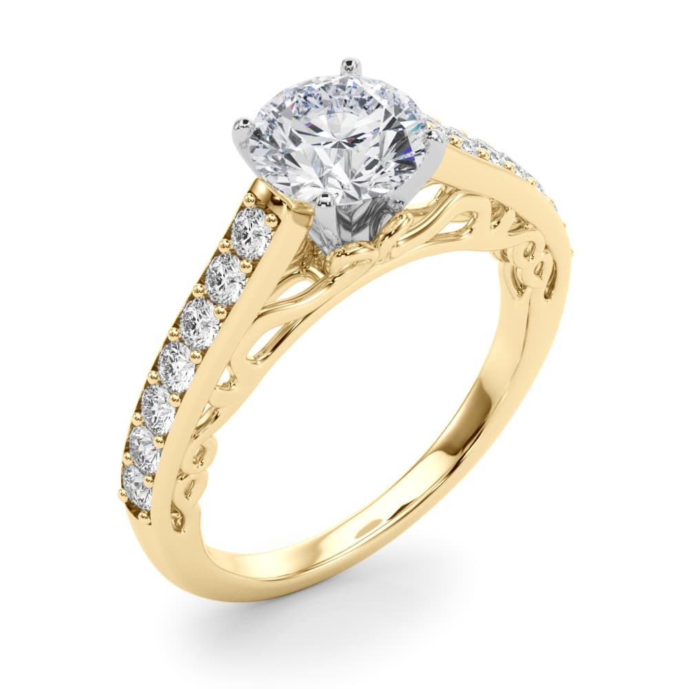 Single Row Prong In Channel Side Scroll Engagement Ring, style 50810, Angle view in yellow gold