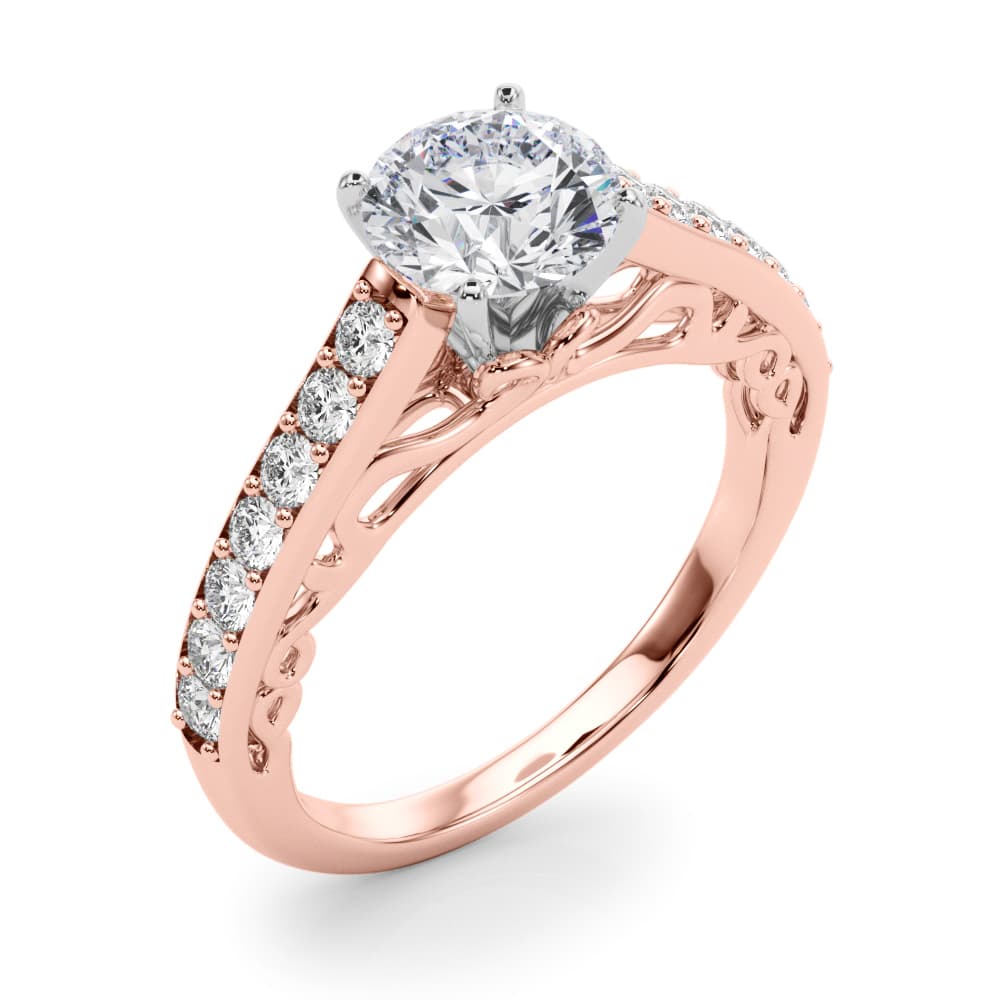 Single Row Prong In Channel Side Scroll Engagement Ring, style 50810, Angle view in rose gold