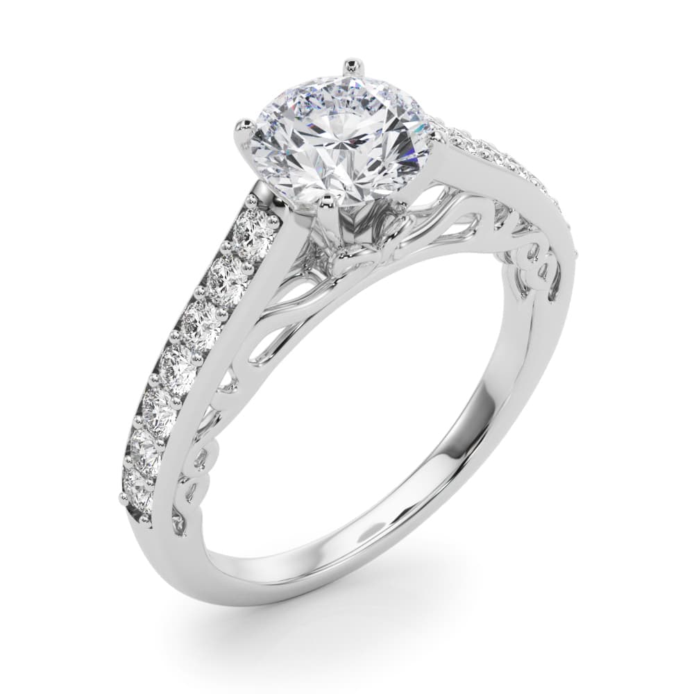 Single Row Prong In Channel Side Scroll Engagement Ring, style 50810, Angle view in white gold or platinum