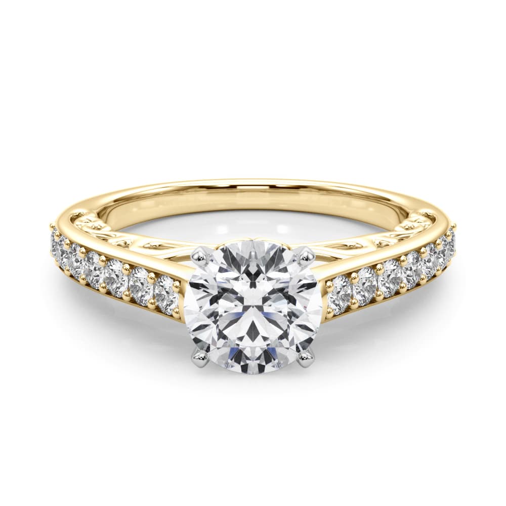 Single Row Prong In Channel Side Scroll Engagement Ring, style 50810, On hand view in yellow gold