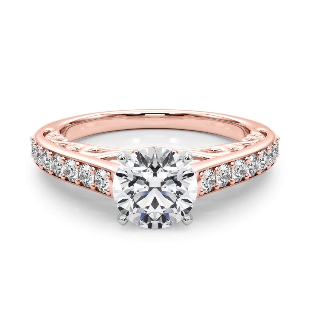 Single Row Prong In Channel Side Scroll Engagement Ring, style 50810, On hand view in rose gold
