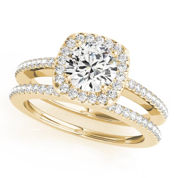 Single Row Accented Halo Engagement Ring, style 50815, On hand view in yellow gold