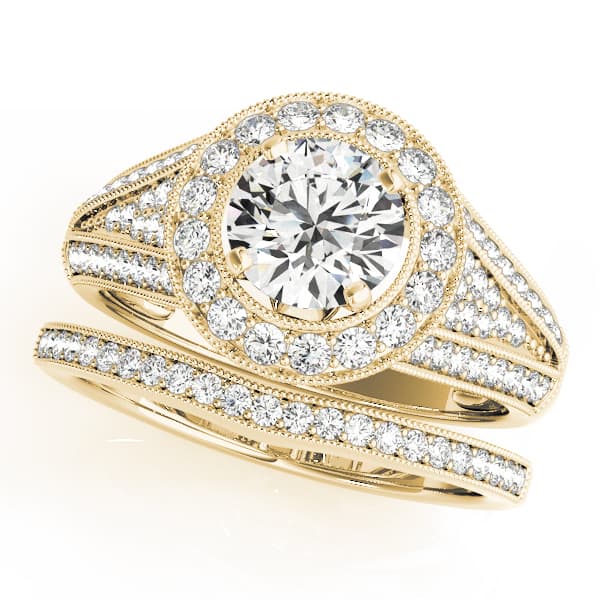 Halo Round Engagement Ring, style 50839, On hand view in yellow gold