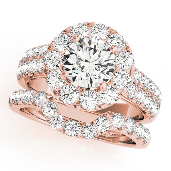 Double Row Pavé Round Halo Engagement Ring, style 50847, On hand view in rose gold