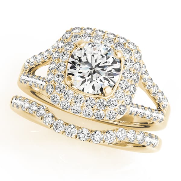 Cushion Halo Round Center, style 50848, On hand view in yellow gold