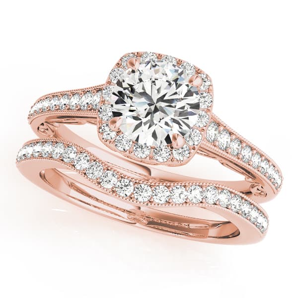 Vintage Prong Milgrain Hidden Halo Engagement Ring, style 50854, On hand view in rose gold