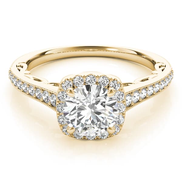 Vintage Prong Milgrain Hidden Halo Engagement Ring, style 50854, Top view in yellow gold